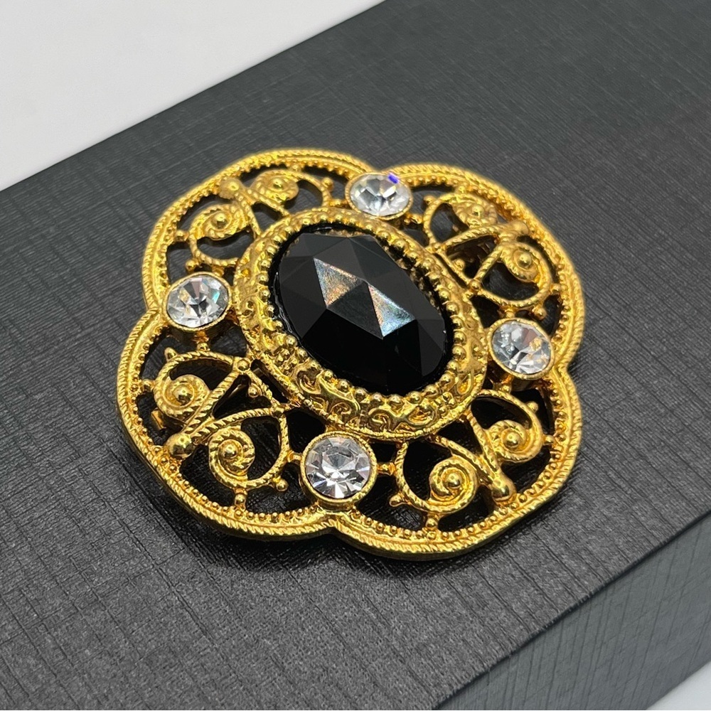 1928 VTG 80's Victorian Revival Crystal Golden Brooch 1.5"